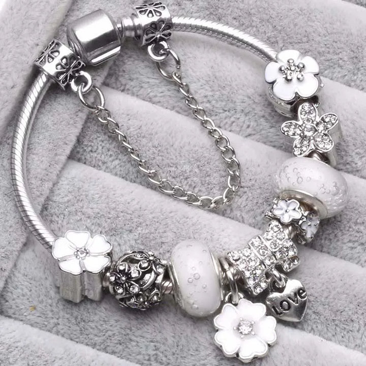 Elegant Charm Bracelet – Cherry Blossom, Heart & Crystal Beads