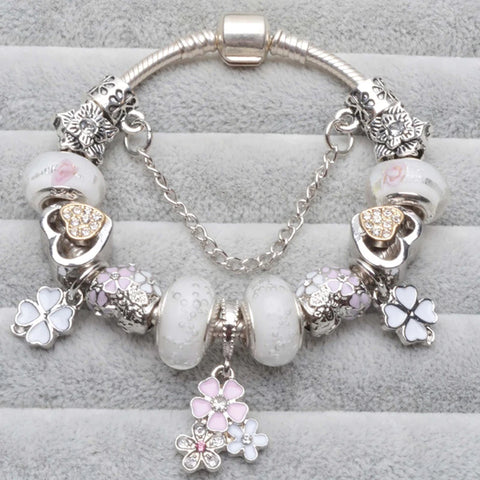 Elegant Charm Bracelet – Cherry Blossom, Heart & Crystal Beads
