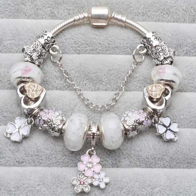 Elegant Charm Bracelet – Cherry Blossom, Heart & Crystal Beads