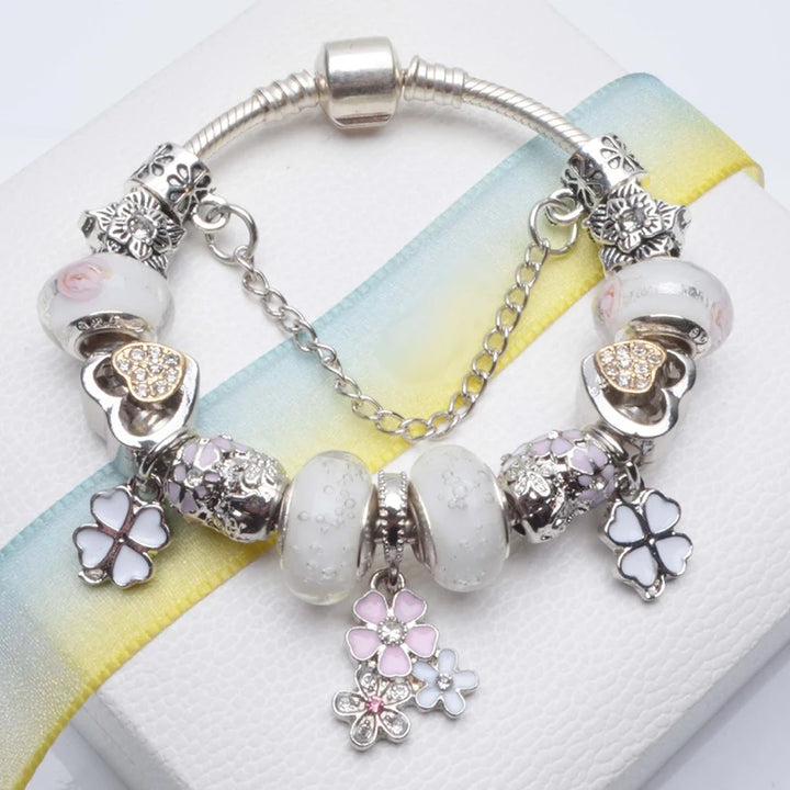 Elegant Charm Bracelet – Cherry Blossom, Heart & Crystal Beads