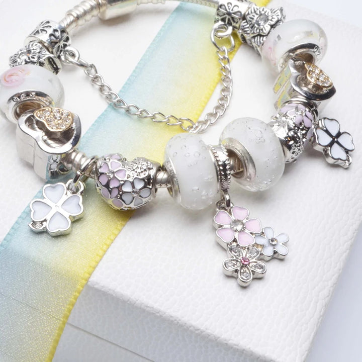 Elegant Charm Bracelet – Cherry Blossom, Heart & Crystal Beads