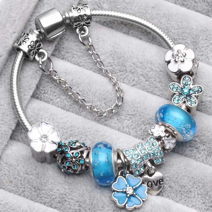 Elegant Charm Bracelet – Cherry Blossom, Heart & Crystal Beads