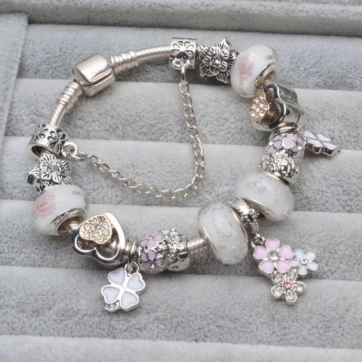 Elegant Charm Bracelet – Cherry Blossom, Heart & Crystal Beads