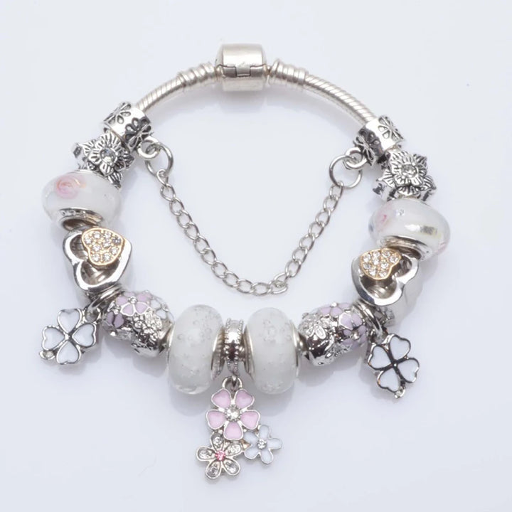 Elegant Charm Bracelet – Cherry Blossom, Heart & Crystal Beads