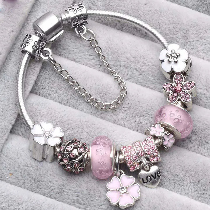 Elegant Charm Bracelet – Cherry Blossom, Heart & Crystal Beads