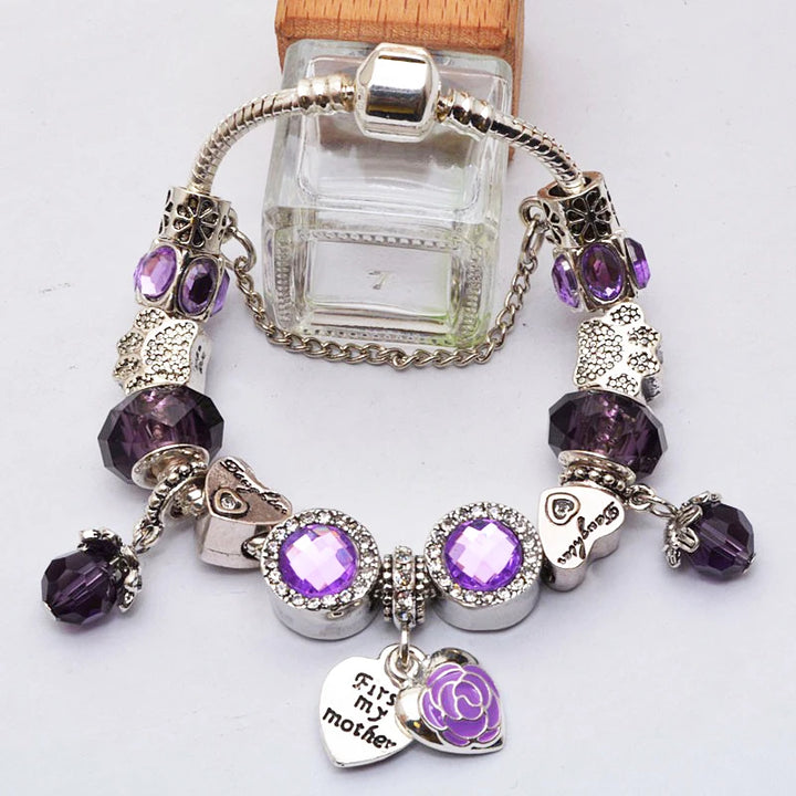Elegant Charm Bracelet – Cherry Blossom, Heart & Crystal Beads