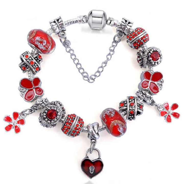 Elegant Charm Bracelet – Cherry Blossom, Heart & Crystal Beads