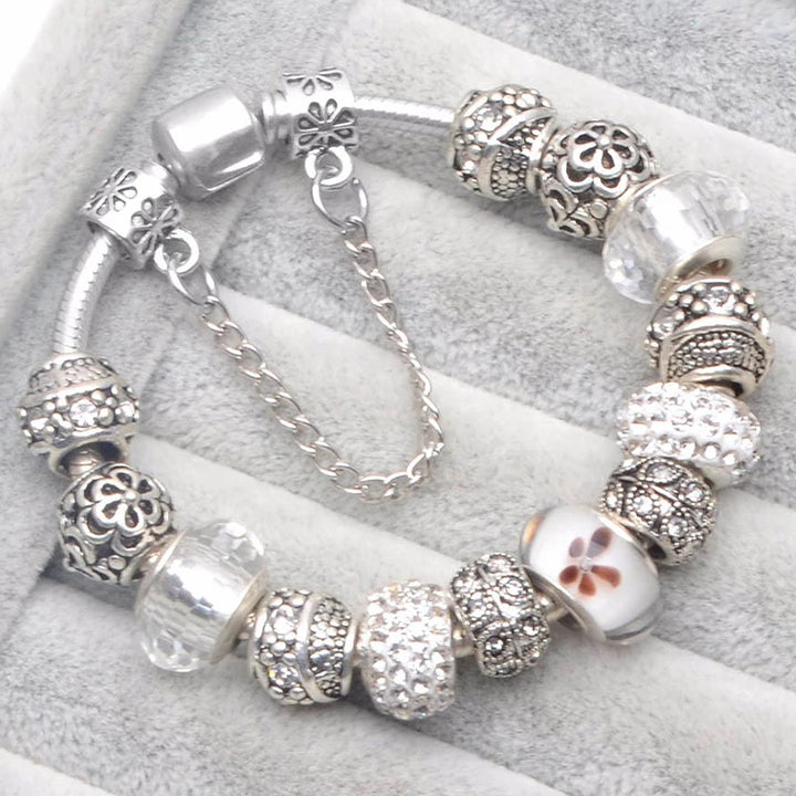 Elegant Charm Bracelet – Cherry Blossom, Heart & Crystal Beads
