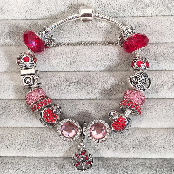 Elegant Charm Bracelet – Cherry Blossom, Heart & Crystal Beads