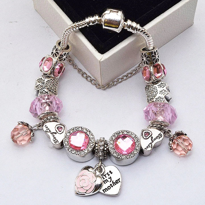 Elegant Charm Bracelet – Cherry Blossom, Heart & Crystal Beads