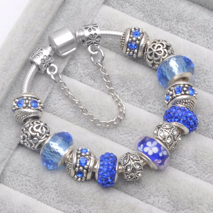 Elegant Charm Bracelet – Cherry Blossom, Heart & Crystal Beads