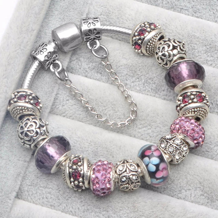 Elegant Charm Bracelet – Cherry Blossom, Heart & Crystal Beads