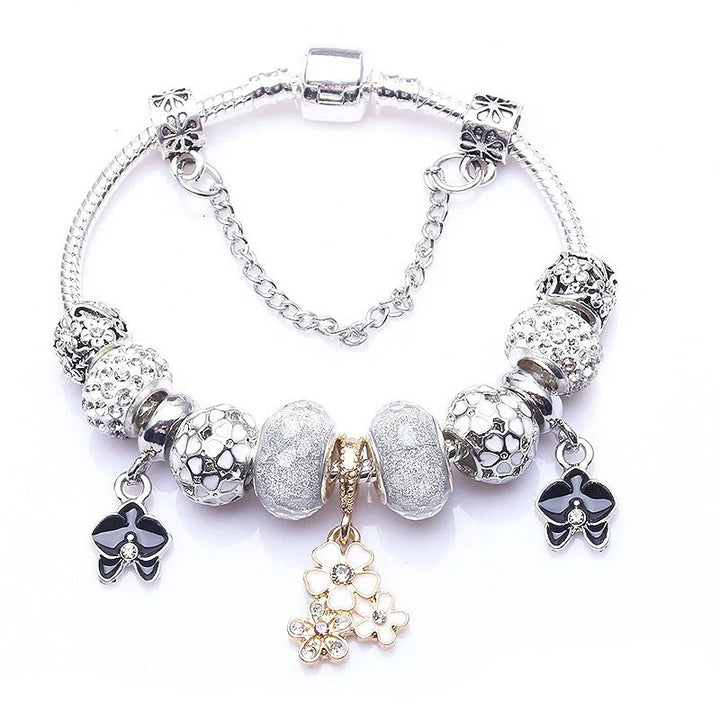 Elegant Charm Bracelet – Cherry Blossom, Heart & Crystal Beads