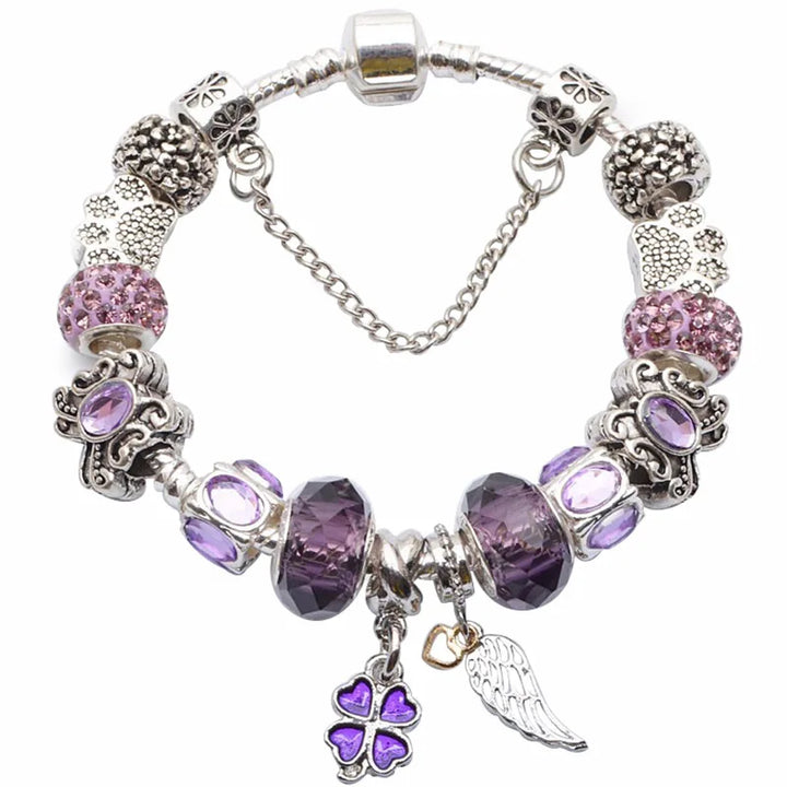 Elegant Charm Bracelet – Cherry Blossom, Heart & Crystal Beads