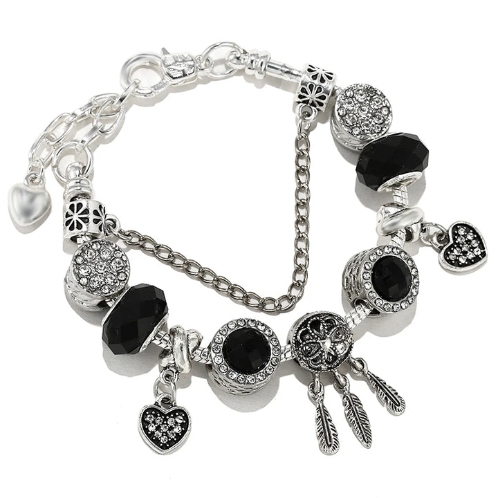 Elegant Charm Bracelet – Cherry Blossom, Heart & Crystal Beads