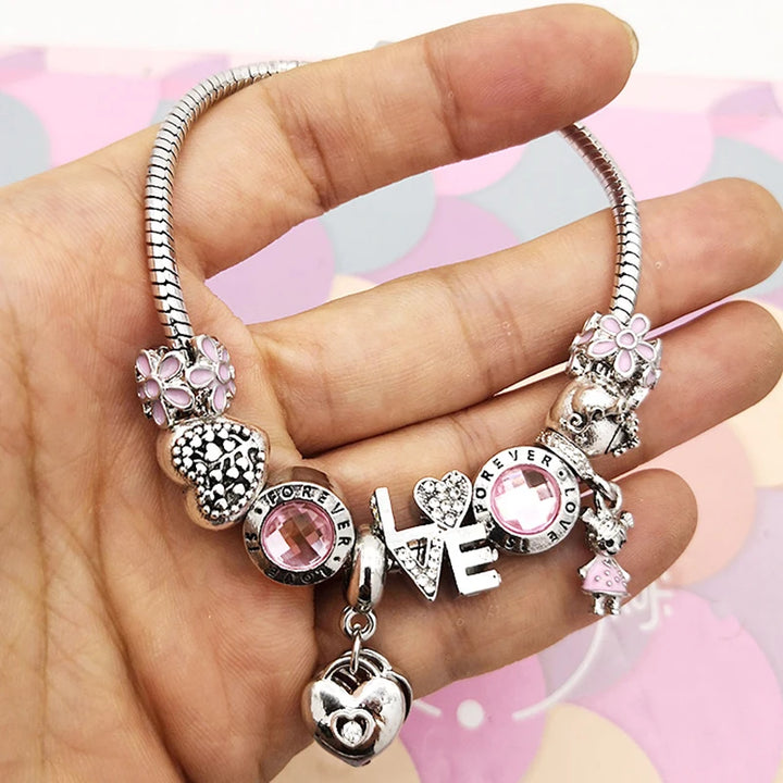 Elegant Charm Bracelet – Cherry Blossom, Heart & Crystal Beads