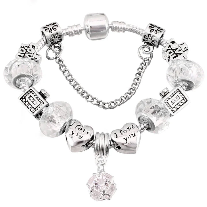 Elegant Charm Bracelet – Cherry Blossom, Heart & Crystal Beads