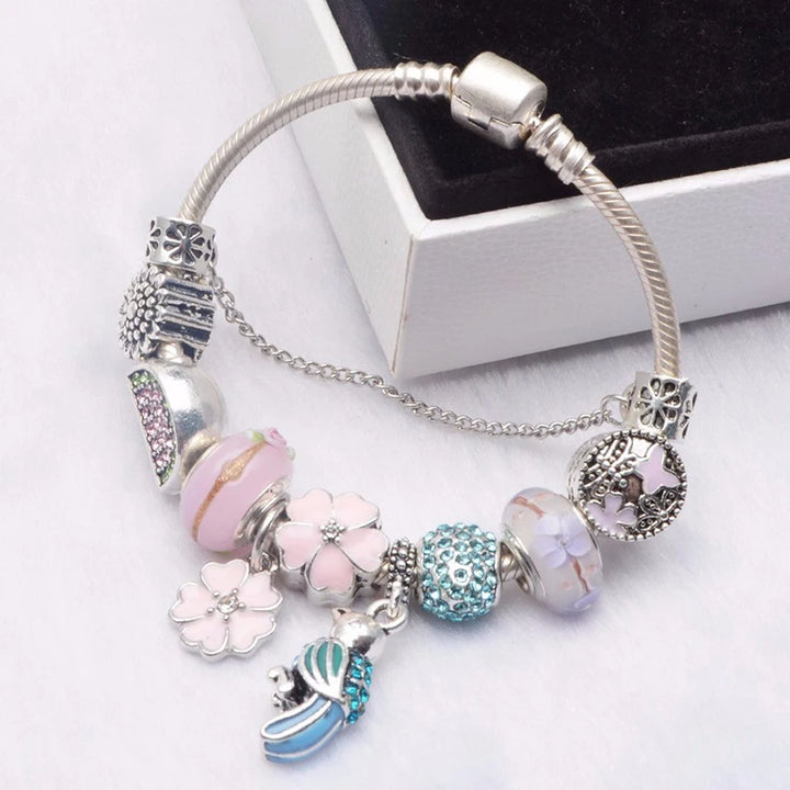 Elegant Charm Bracelet – Cherry Blossom, Heart & Crystal Beads
