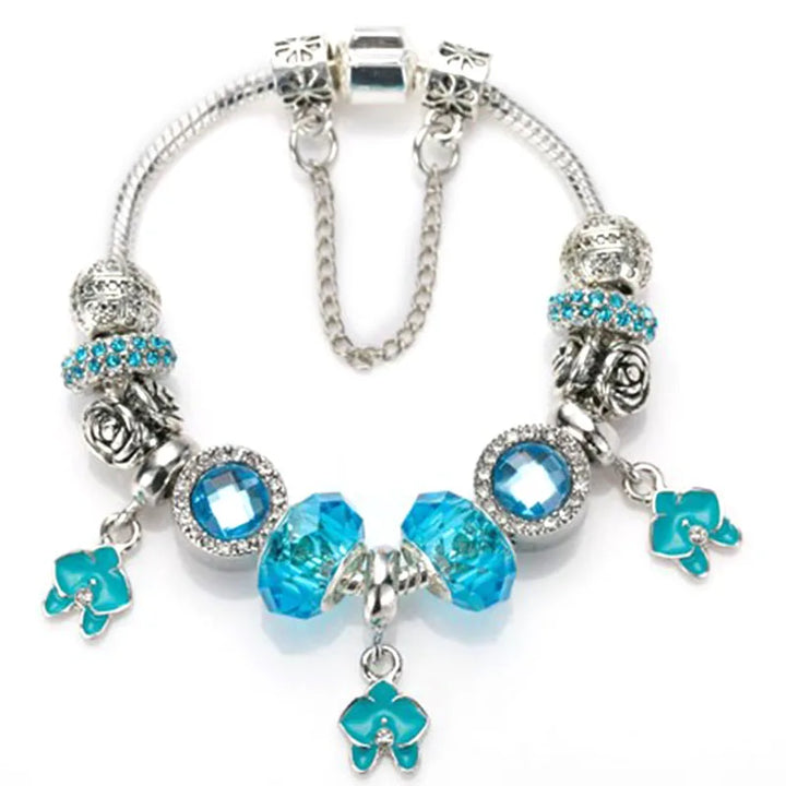 Elegant Charm Bracelet – Cherry Blossom, Heart & Crystal Beads