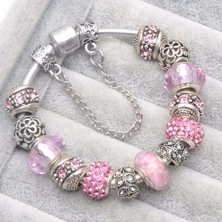 Elegant Charm Bracelet – Cherry Blossom, Heart & Crystal Beads