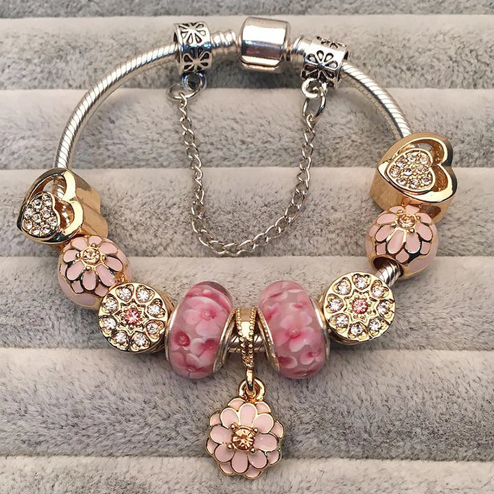 Elegant Charm Bracelet – Cherry Blossom, Heart & Crystal Beads