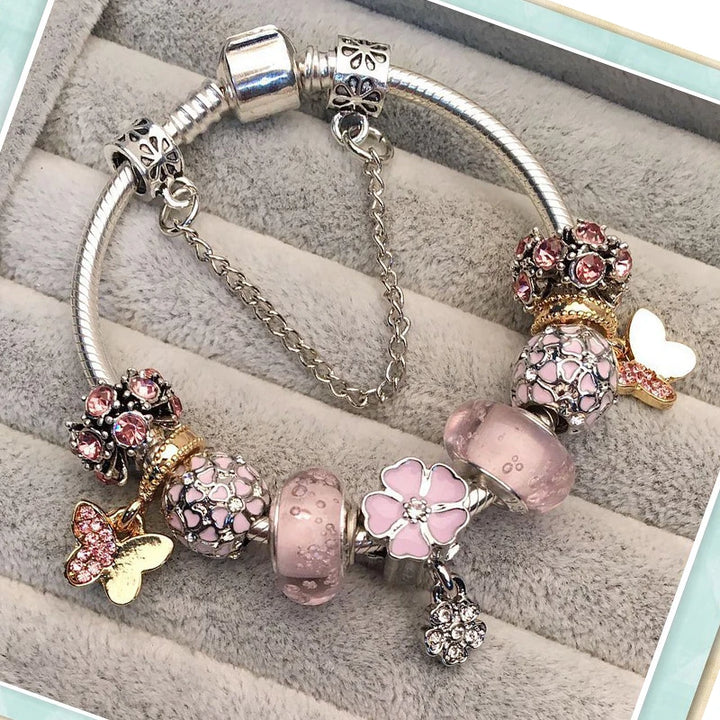 Elegant Charm Bracelet – Cherry Blossom, Heart & Crystal Beads