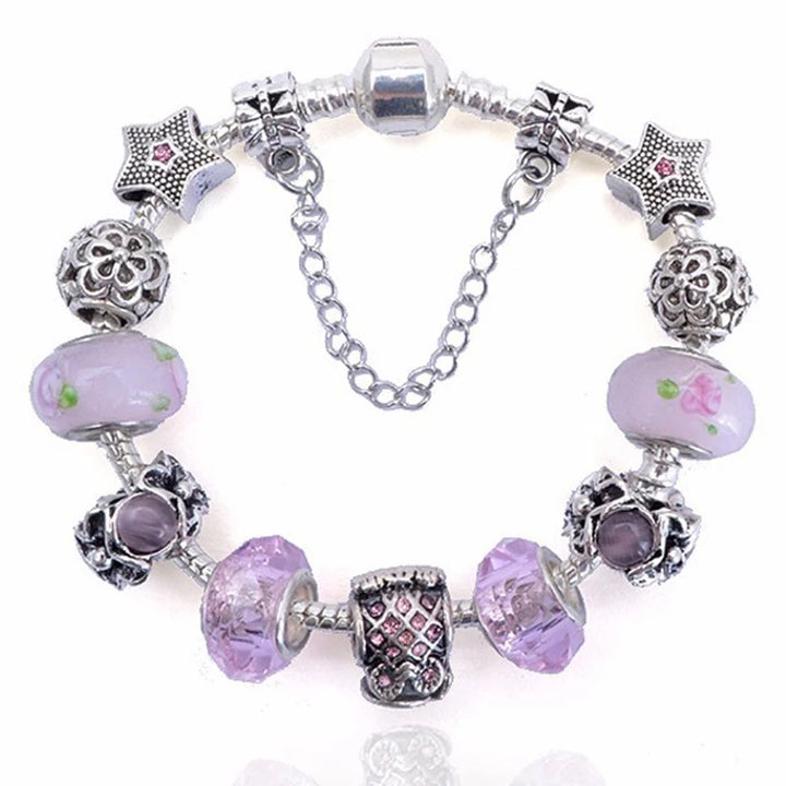 Elegant Charm Bracelet – Cherry Blossom, Heart & Crystal Beads