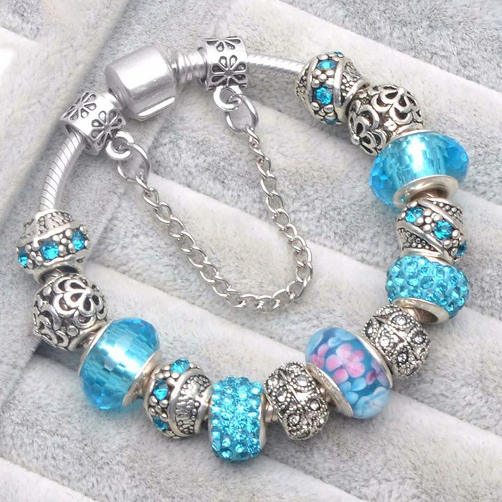 Elegant Charm Bracelet – Cherry Blossom, Heart & Crystal Beads