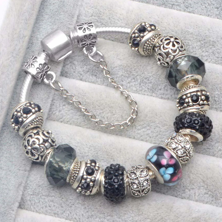 Elegant Charm Bracelet – Cherry Blossom, Heart & Crystal Beads