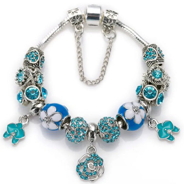Elegant Charm Bracelet – Cherry Blossom, Heart & Crystal Beads