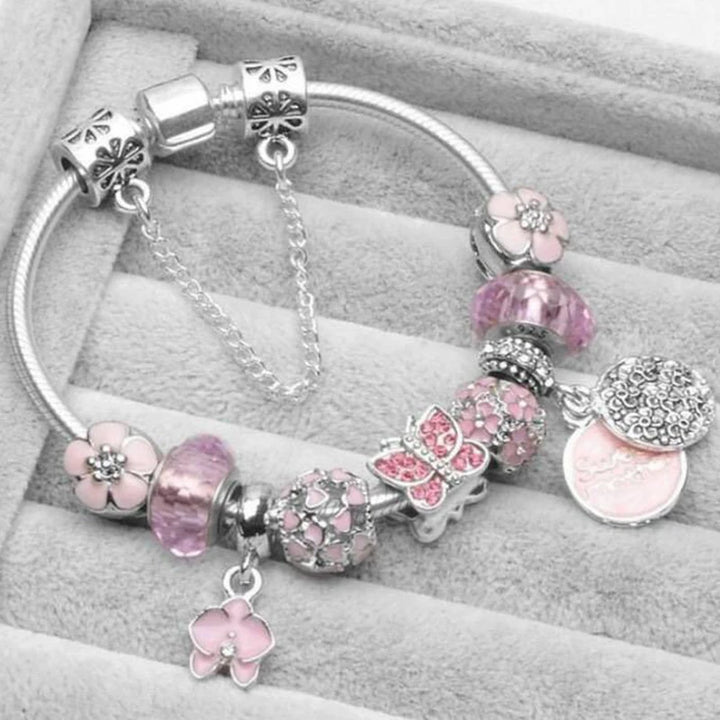Elegant Charm Bracelet – Cherry Blossom, Heart & Crystal Beads