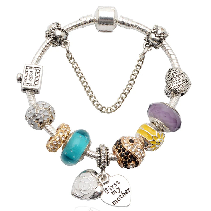 Elegant Charm Bracelet – Cherry Blossom, Heart & Crystal Beads