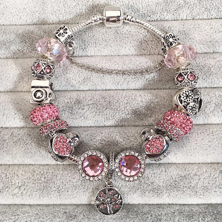 Elegant Charm Bracelet – Cherry Blossom, Heart & Crystal Beads