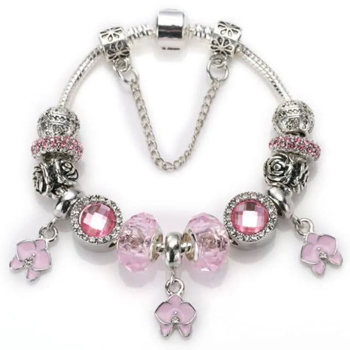Elegant Charm Bracelet – Cherry Blossom, Heart & Crystal Beads